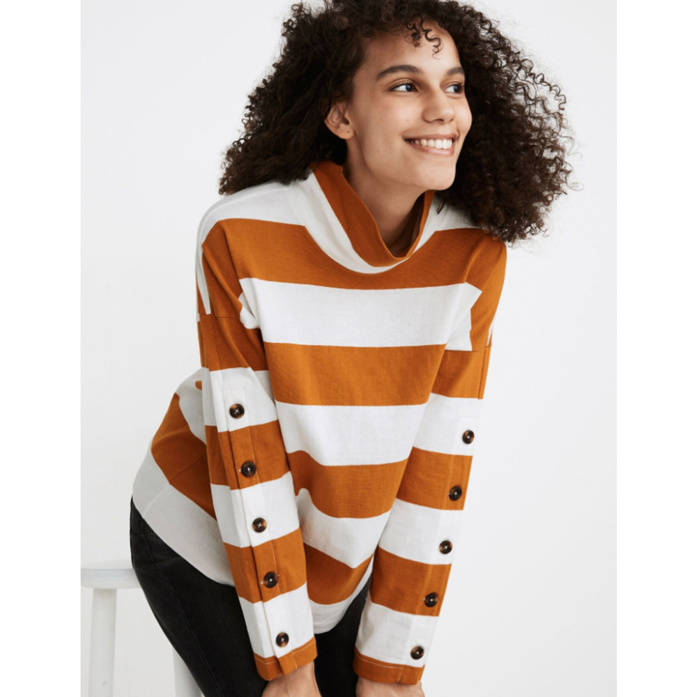 Madewell Striped Button-Sleeve Turtleneck Top